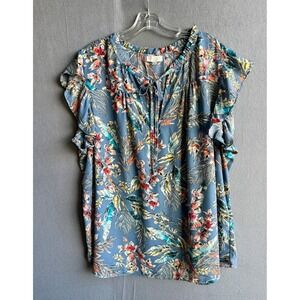 Status by Chenault Women's 3X Blue Floral Ruffle‎ Sleeve Blouse Tank Top Boho